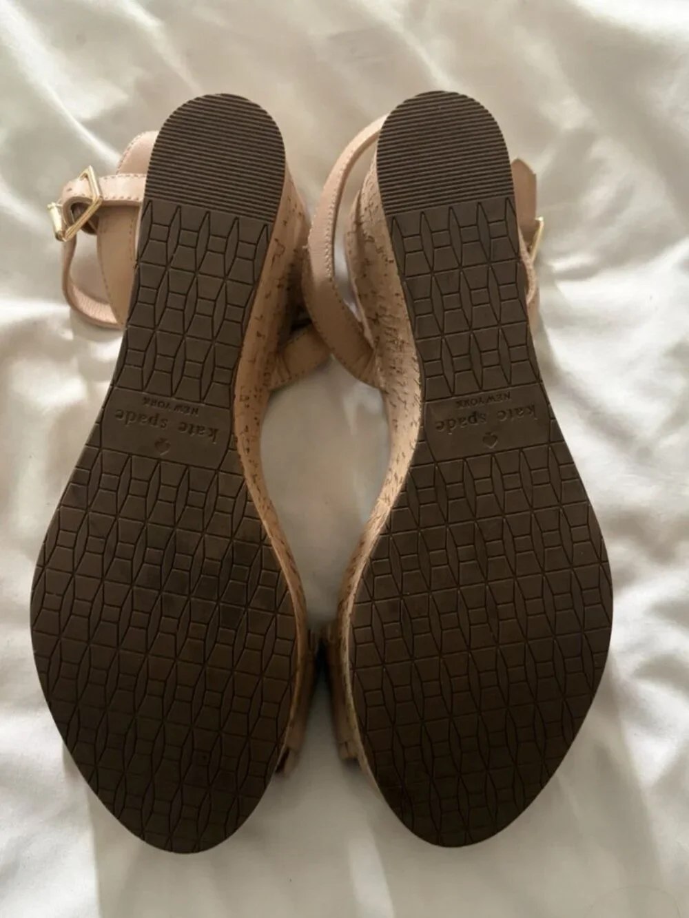 KATE SPADE Tomas Wedge Leather Nude Pink Ruffle Sandals Cork Shoes Size 10